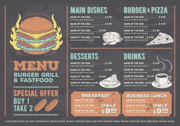 Vector illustratie van een design fastfood restaurant menu, een cafe met een handgetekende graphics. Gratis Vector