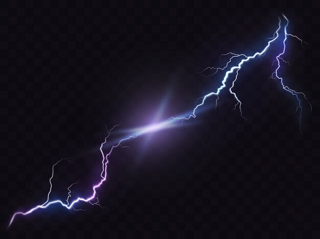Vector illustratie van een realistische stijl van heldere gloeiende bliksem geïsoleerd op een donker, natuurlijk licht effect. Gratis Vector