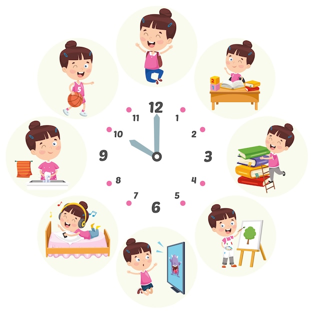 Vector illustratie van kinderen dagelijkse routine-activiteiten Premium Vector
