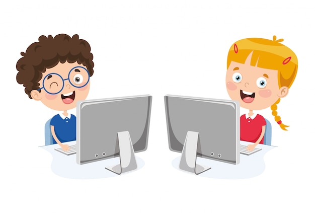Vector illustratie van kinderen met behulp van de computer Premium Vector