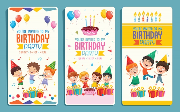 Vector illustratie van kinderen verjaardagsfeestje uitnodiging kaart ontwerp Premium Vector