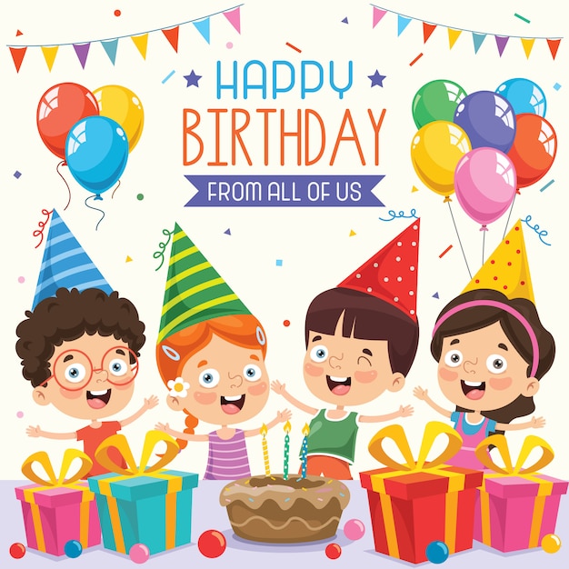 Vector illustratie van kinderen verjaardagsfeestje uitnodiging kaart ontwerp Premium Vector