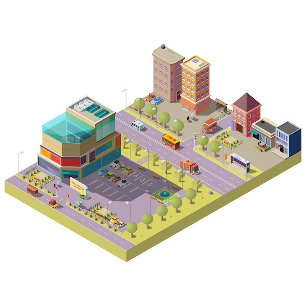 Vector isometrisch stadscentrum met winkelcomplex Gratis Vector