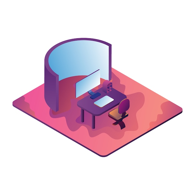 Vector isometrische illustratie die it-bureau met het computerscherm en het monitorscherm vertegenwoordigt Premium Vector