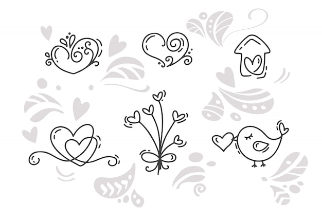 Vector monoline valentijnsdag hand getrokken elementen. fijne valentijnsdag. vakantie schets doodle ontwerp kaart met hart. Premium Vector