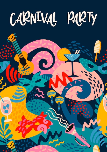 Vector poster met carnaval objecten en abstracte vormen. Premium Vector