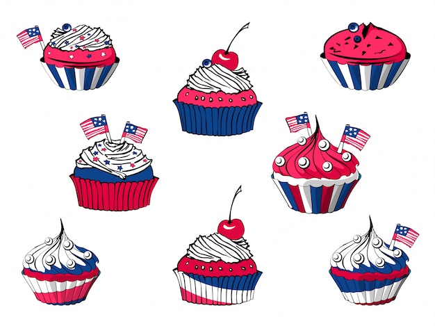 Vector set 4 juli cartoon cupcakes, amerikaanse snoepjes Premium Vector
