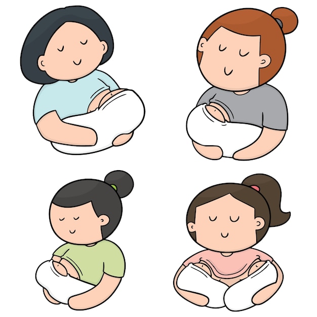 Vector set borstvoeding moeder en baby Premium Vector