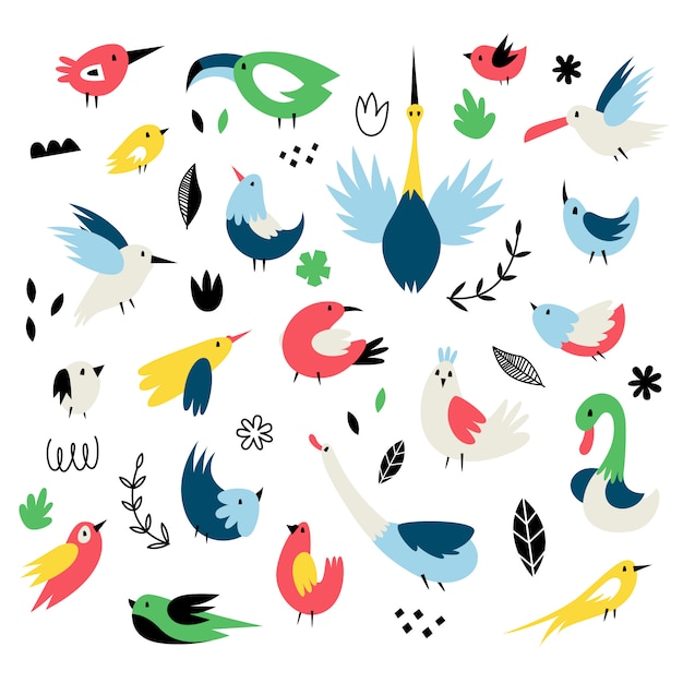 Vector set van isolaten met schattige vogels in scandinavische stijl Premium Vector
