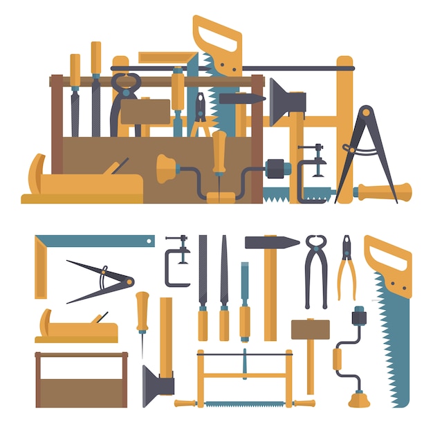 Vector set van timmerman tools en instrumenten in vlakke stijl. reparatiehulpmiddelen voor woningbouw. Premium Vector