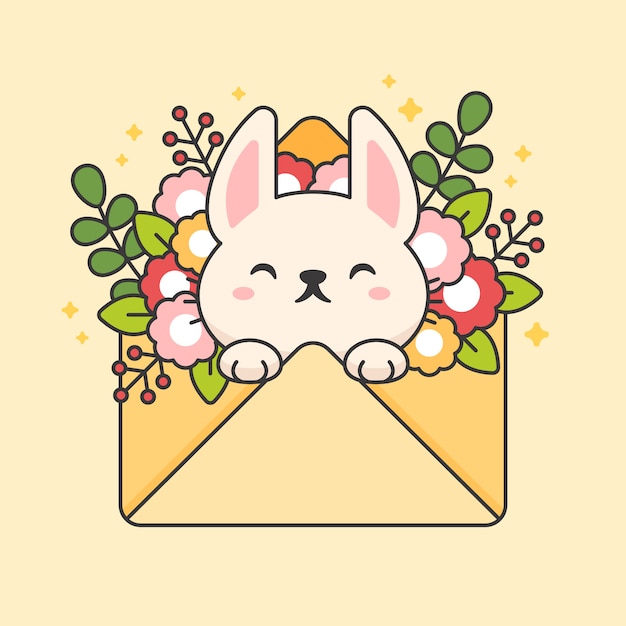 Vector teken van schattige konijn in een envelop met bloemen en bladeren. eps Premium Vector