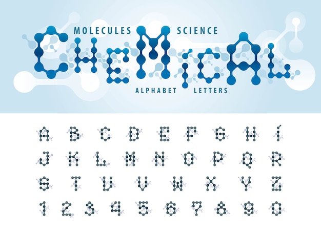 Vector van abstracte molecuulcel alfabetletters en cijfers Premium Vector