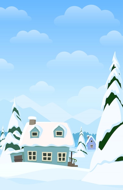 Vector verticaal landschap met de winterdorp Premium Vector