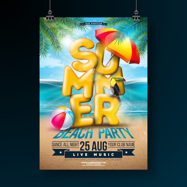 Vector zomer partij flyer ontwerpen met 3d-typografie brief en tropische palm bladeren Premium Vector
