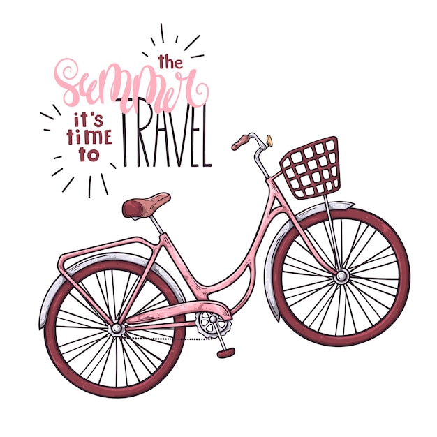 Vectorfiets in uitstekende stijl. belettering: in de zomer is het tijd om te reizen. Premium Vector
