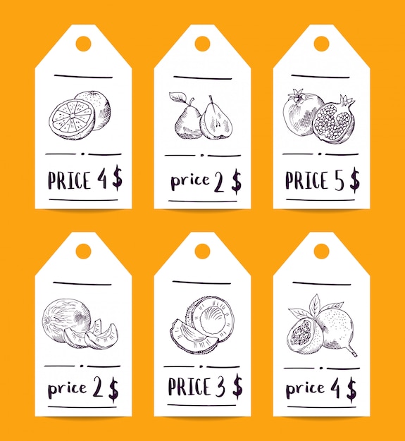 Vectorprijsetiket dat met krabbel geschilderde vruchten en groenten wordt geplaatst. prijs winkel label tag, sticker product voedsel illustratie Premium Vector