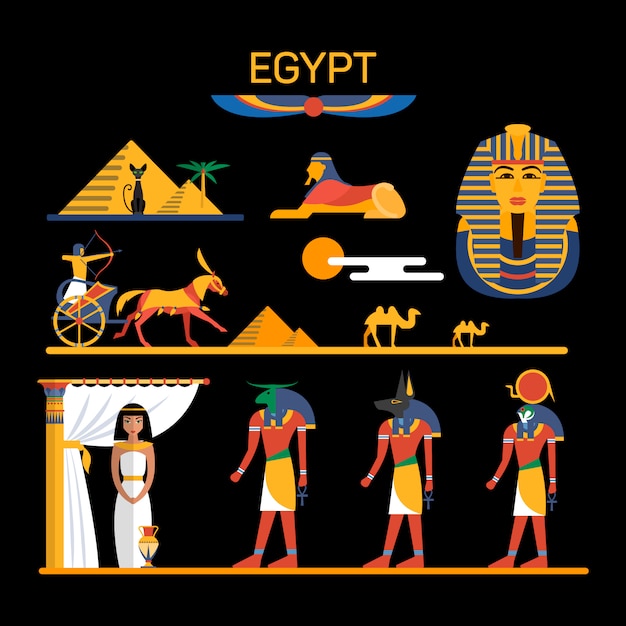 Vectorreeks karakters van egypte met farao, goden, piramides, kamelen. illustratie met egypte geïsoleerde objecten. Premium Vector