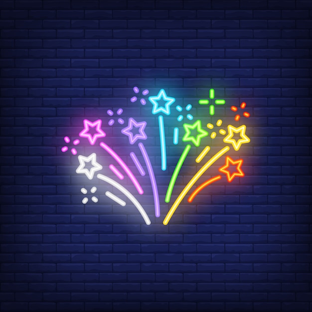 Veelkleurig vuurwerk op baksteenachtergrond. neon stijl Gratis Vector