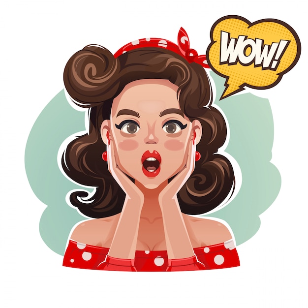 Verrast pin up vrouw zegt wow! Premium Vector