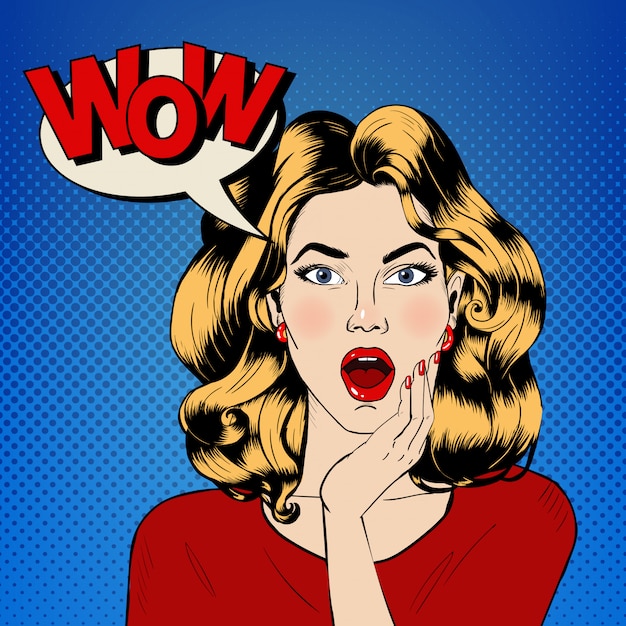 Verraste vrouw met bubbel en expressie wow in stripstijl Premium Vector