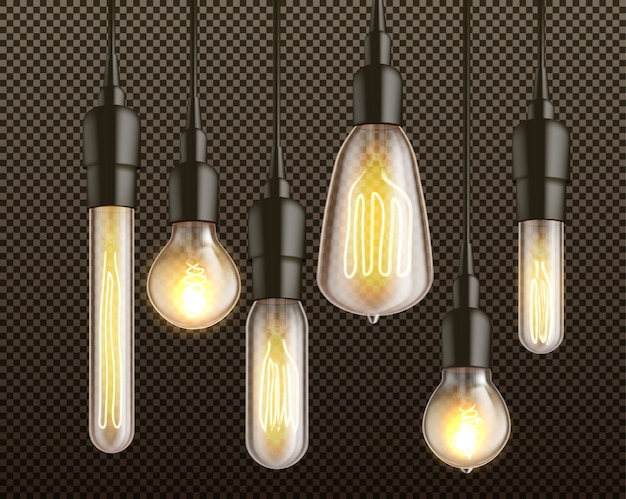 Verschillende vormen en vormen reflector gloeilampen met gloeidraad gloeidraad opknoping van bovenaf in zwarte lamphouders 3d-realistische vector set geïsoleerd Gratis Vector