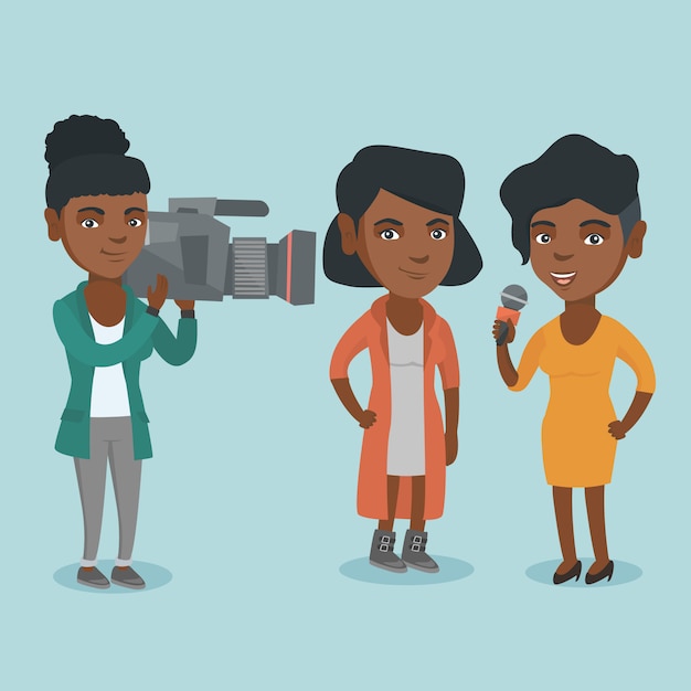 Verslaggever met een microfoon interviewt een vrouw. Premium Vector