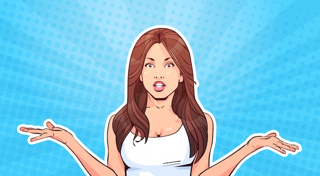Verward vrouw attractive vrouw portret in retro stijl achtergrond kleurrijke pop art banner Premium Vector