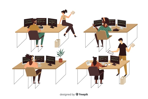 Verzameling geïllustreerde programmeurs aan het werk Gratis Vector