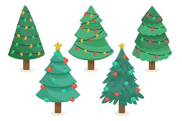 Verzameling Van Getekende Kerstbomen Met Ornamenten | Gratis Vector