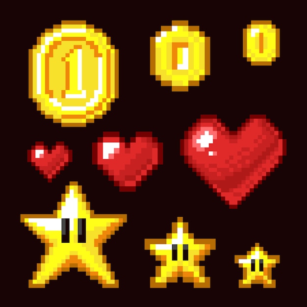 Video game 8 bit assets geïsoleerd, coin, star en heart pixel retro iconen in verschillende grootte Premium Vector