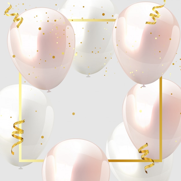Viering ontwerp ballon roze en wit, confetti en gouden linten. Premium Vector
