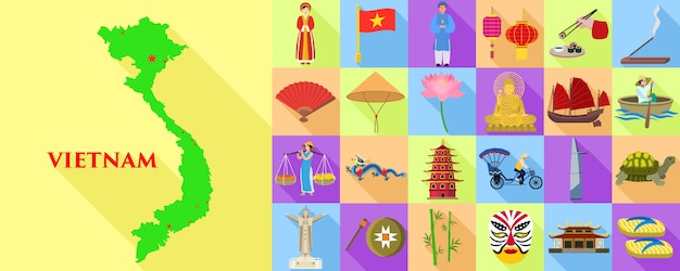 Vietnam pictogrammen instellen. vlakke set van kaart en elementen van vietnam Premium Vector