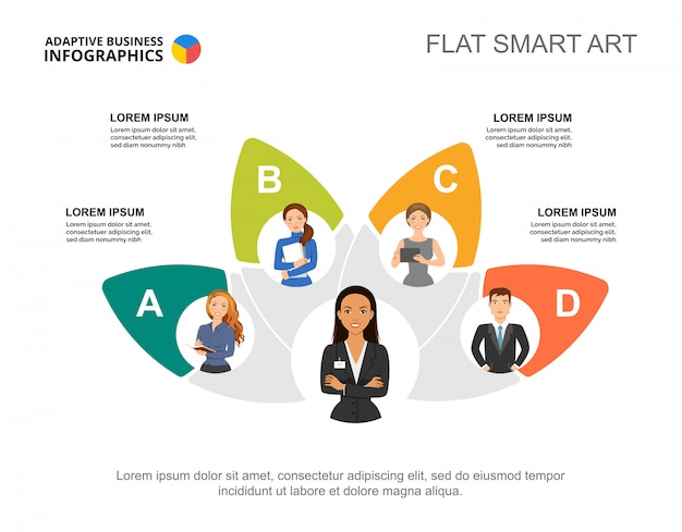 Vijf collega's team proces grafieksjabloon voor presentatie Gratis Vector