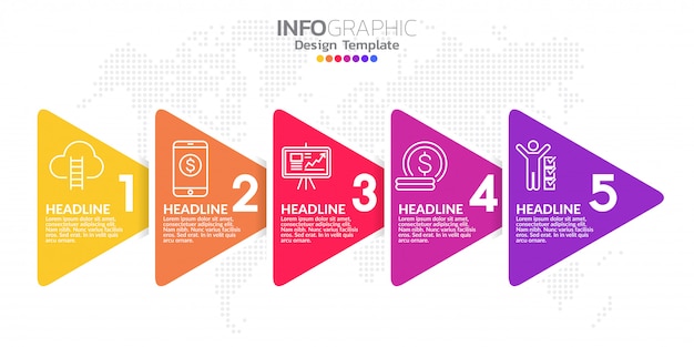 Vijf stappen tijdlijn infographic ontwerp vector en pictogrammen Premium Vector