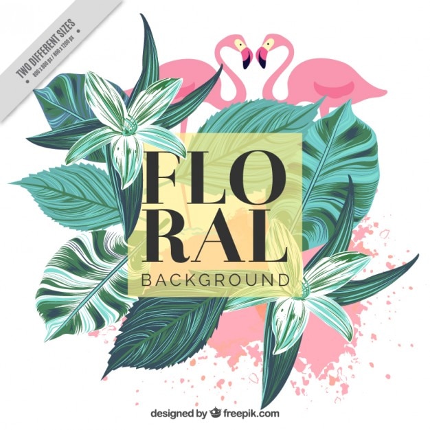 Vintage achtergrond van met de hand beschilderd palmbladeren en flamingo's Gratis Vector