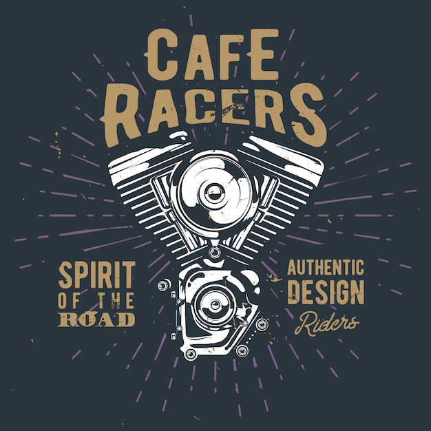 Vintage café racers poster concept met hoge gedetailleerde motorfiets motor, retro kaart met inspirerende citaten, zonnestraal en grunge effect Premium Vector