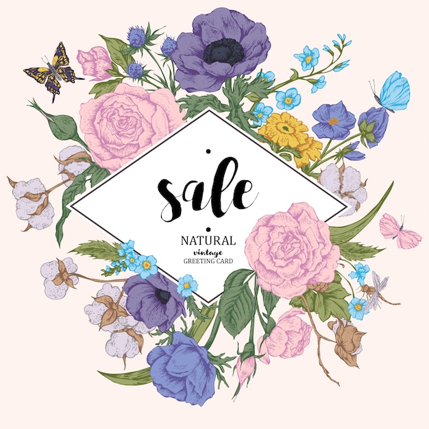 Vintage floral vector verkoop kaart met rozen, anemonen en butterf Premium Vector