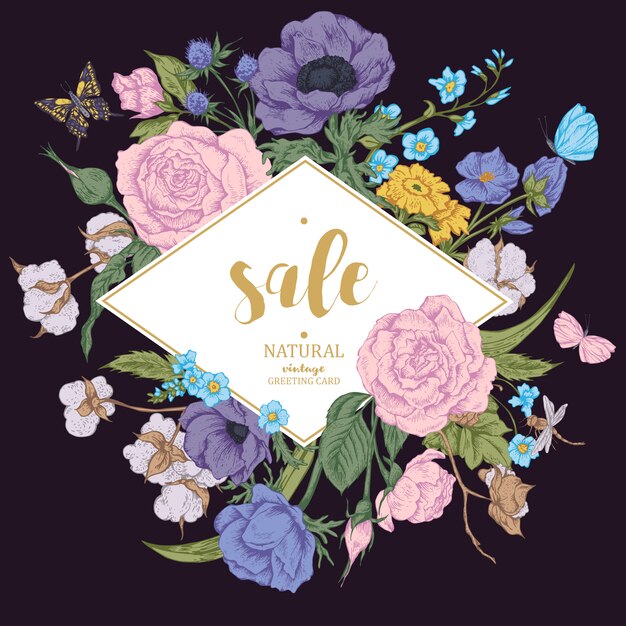 Vintage floral vector verkoop kaart met rozen, anemonen en butterf Premium Vector