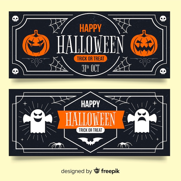 Download Vintage halloween banners met pompoen en spook | Gratis Vector