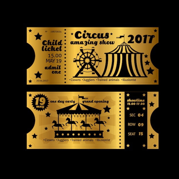 Vintage partijuitnodiging. retro circus carnaval ticket sjabloon. gouden kaartjes geïsoleerd Premium Vector
