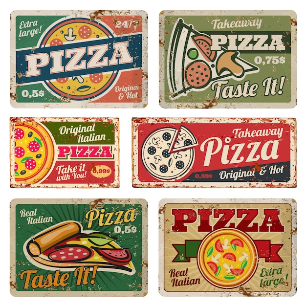 Vintage pizza metalen borden met grunge textuur vector set. retro-voedselaffiches in jaren 50-stijl Premium Vector