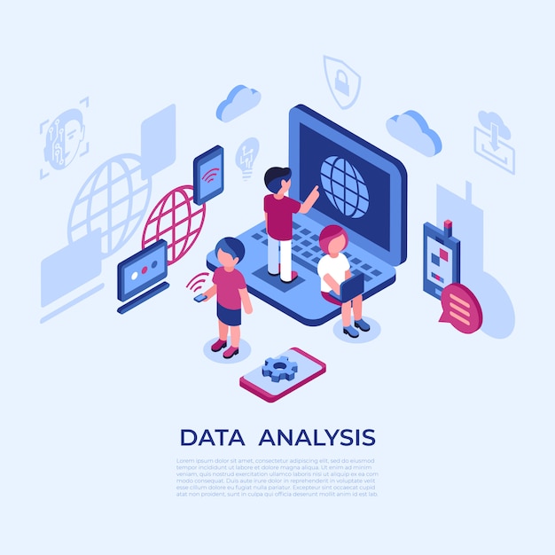 Virtuele realiteit data-analyse pictogrammen met mensen Premium Vector