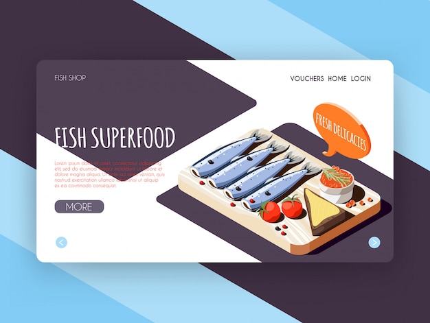 Vis superfood voor online winkel die met delicatessen isometrische vectorillustratie adverteren | Gratis