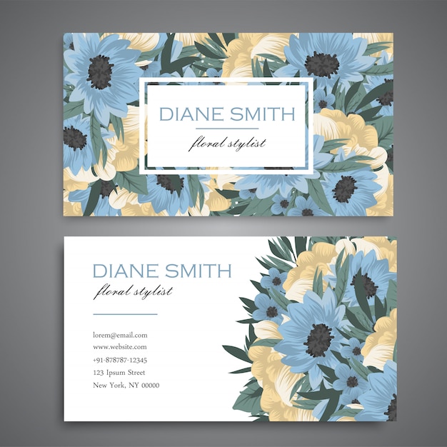Visitekaartje met mooie blauwe en gele bloemen Gratis Vector