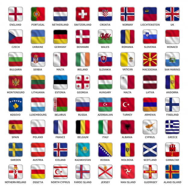 kant koper Op de kop van Vlaggen van europa-landen instellen met vierkante vormstijl zwaaien |  Premium Vector