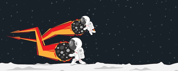 Vlak ontwerp, astronauten die meteoriet breken die op planeet vallen, vectorillustratie, infographic-element Premium Vector