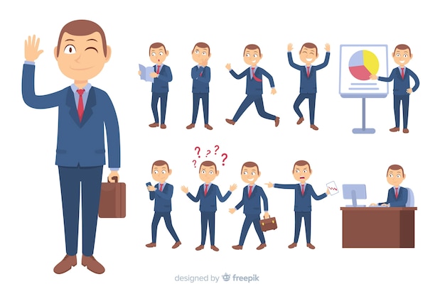 Vlak zakelijk karakter in verschillende houdingen Gratis Vector
