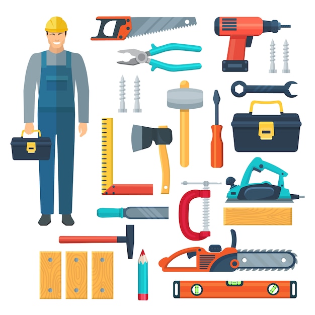 Vlakke die kleurenhulpmiddelen met schrijnwerker in overalltoolbox en hulpmiddelen worden geplaatst voor het zagen en timmerwerk geïsoleerde vectorillustratie Premium Vector
