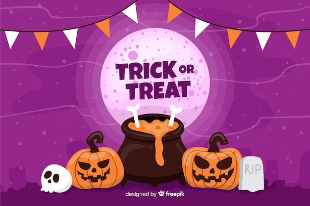 Vlakke halloween-achtergrond en smeltende pompoenpot Gratis Vector