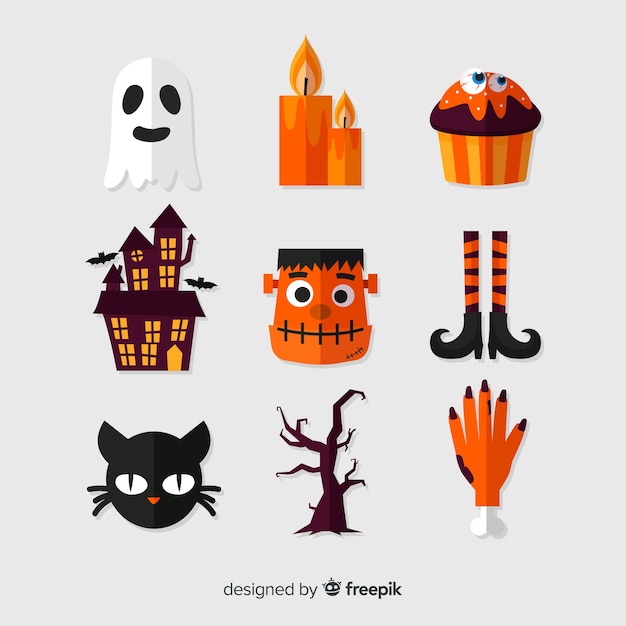 Vlakke halloween-elementeninzameling op witte achtergrond Gratis Vector